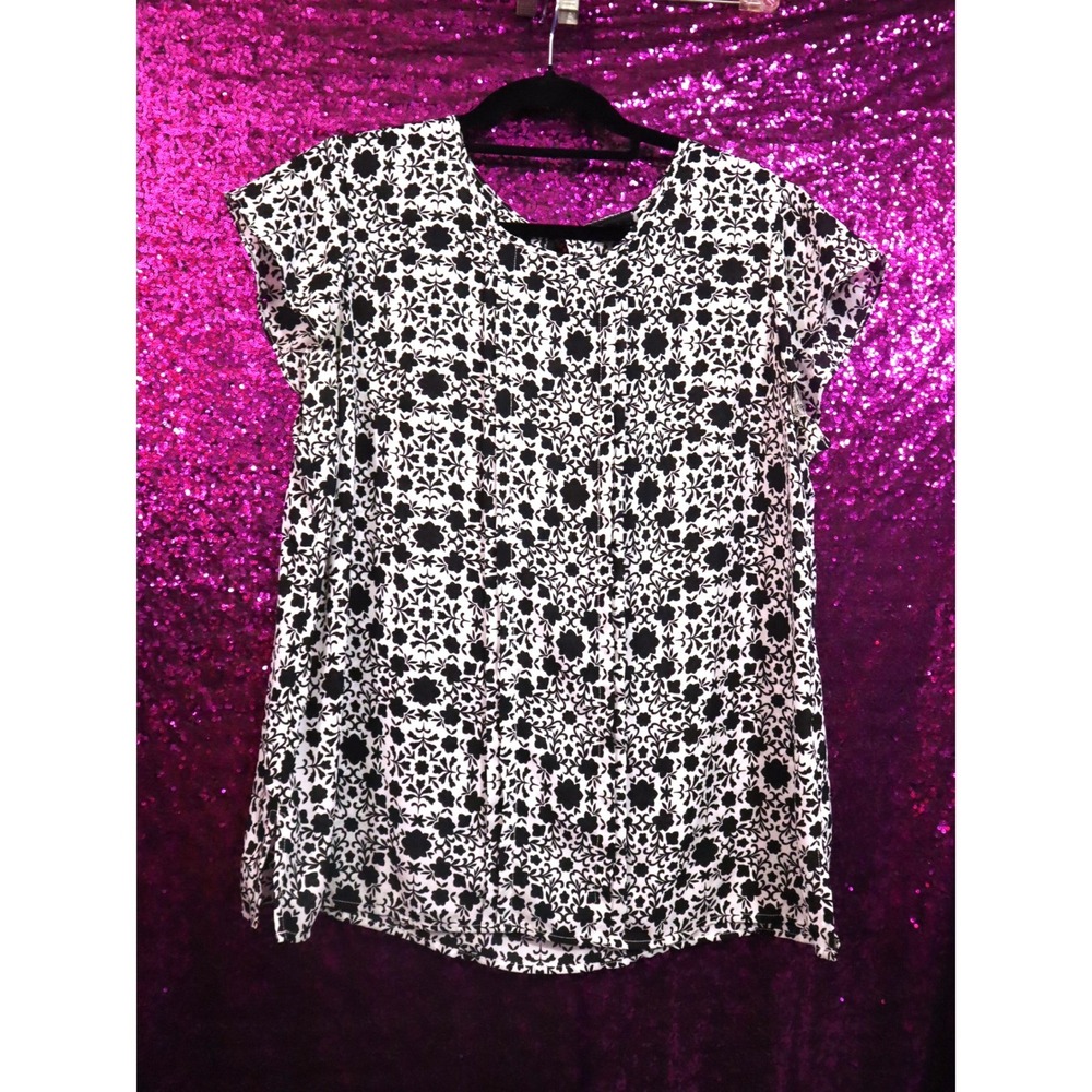 Black White Floral Blouse Large Liz Claiborne Women Career Cap Sleeve Keyhole